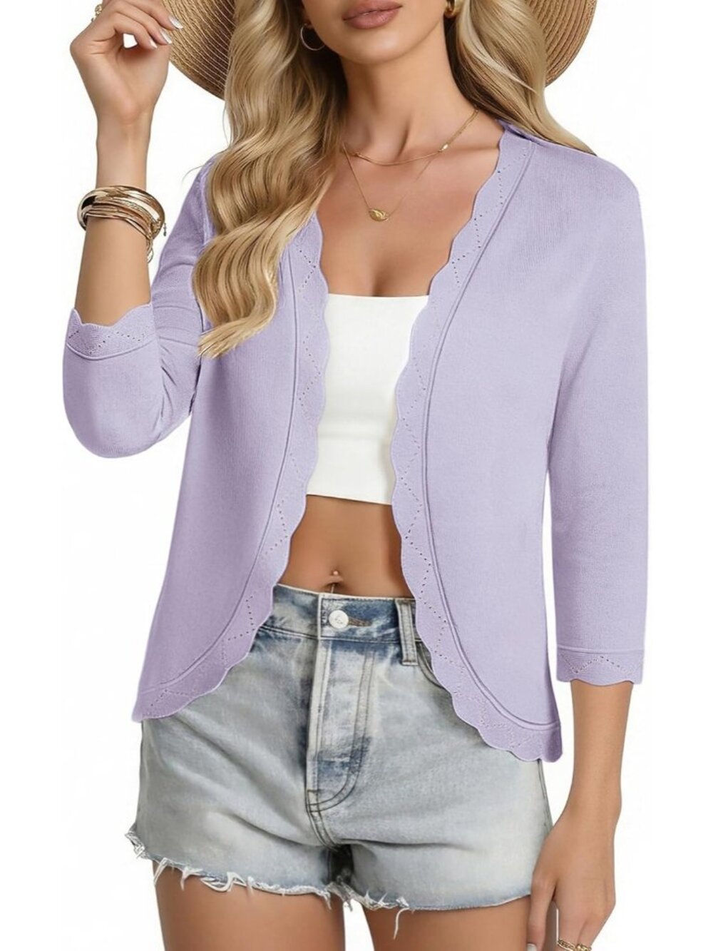 🆕Women's Lavender Lightweight 3/4 Sleeve Cropped Cardigan Scalloped Shrug